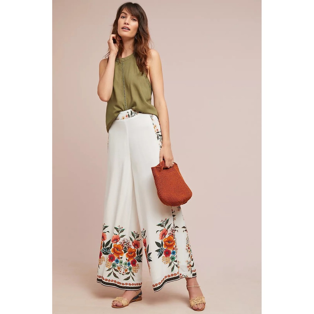 Anthropologie Farm Rio Melilla White Floral Wide Leg Tropical Pants Size M